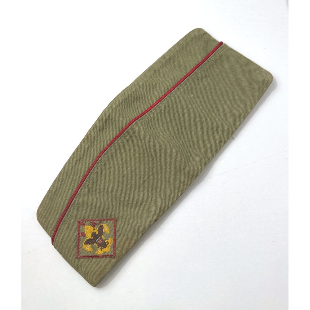 Vintage Boy Scouts Garrison Cap Olive Green Red Piping BSA Large 7 to 7 1/8